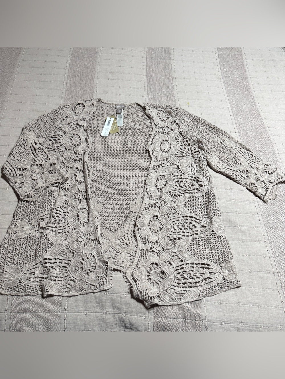 New Chico's Crochet Lace Open Knit Cardigan Sandshell Beige 3/4 Sleeve Size 3